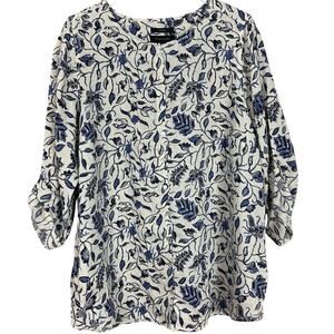 Tahari Womens 100% Linen Button Down Shirt Blue Floral Plus Size 1X